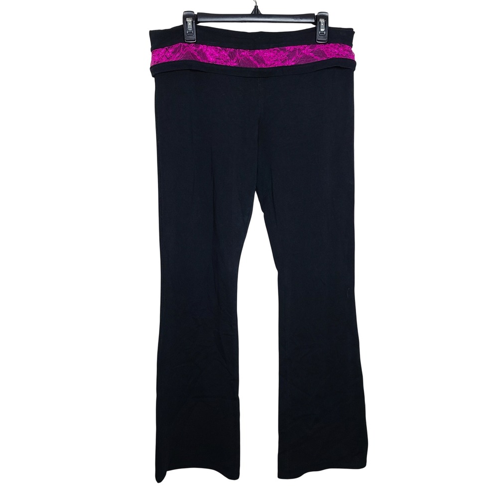Y2K Pink Lace Foldover Black Flare Yoga Pants L Low Rise Girly 2000s Lounge Glam